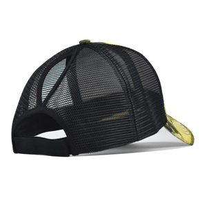 Rear view of tie-dye ponytail trucker hat with mesh back and adjustable velcro closure