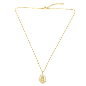 Gold oval Virgin Mary medallion necklace with sparkling zircon border on white background