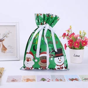 Detailed view of green Christmas gift bag with Santa Claus pattern and drawstring ribbons