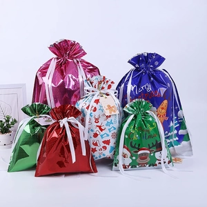 Laser film Christmas drawstring gift bags with Santa, reindeer and snowman prints