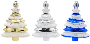 Detailed view of three metallic Christmas tree ornaments with white glitter and colorful beads