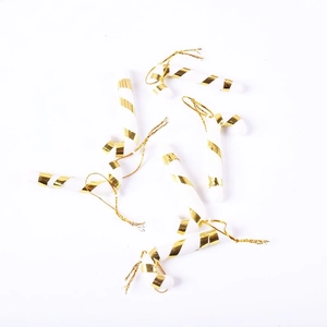 Christmas tree candy cane ornaments in white and gold finish with metallic hanging strings