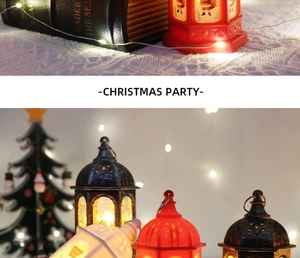 Detail of decorative Christmas LED lanterns in red, white and bronze for festive decor