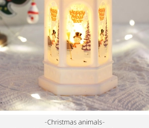 Detail of white Christmas lantern base with snowman motif and festive holiday decorations