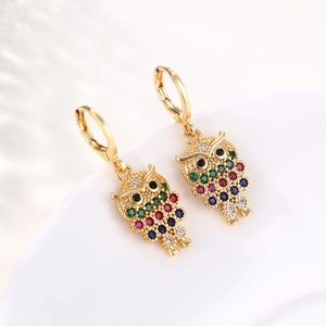 Owl Hoop Earrings Colorful Cubic Zirconia Copper Hollow Out Multi Color Fashion Jewelry For Women
