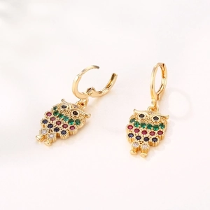 Golden owl drop earrings with multicolor zircon stones and intricate hollow design
