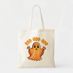 Detailed view of canvas tote bag featuring orange cartoon ghost and BOO-HOO-HOO text