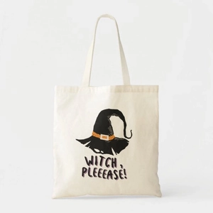Close-up of beige canvas tote with Witch Pleeease text and hat print for Halloween
