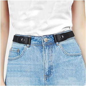 Slim buckle-free black elastic invisible belt shown on blue jeans for a minimalist look