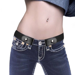 Slim black buckle-free elastic belt with leather tabs shown on a model for seamless look