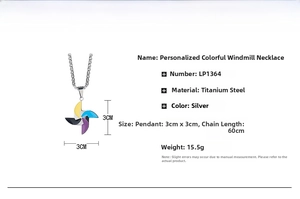 Detailed size chart of the colorful windmill pendant with dimensions 3x3cm and 60cm chain