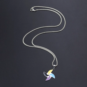 Hip-hop stainless steel necklace with colorful windmill pendant on silver popcorn chain