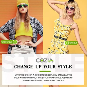 COZIA buckle clip detail showing style transformation and reduced belt loop pressure