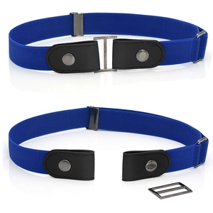 Blue buckle-free elastic belt with black leather ends and adjustable metal slider buckle