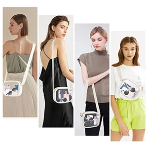 Clear PVC crossbody bag with white strap shown in multiple wearing styles for daily travel