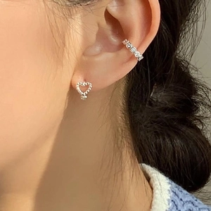 Elegant 925 sterling silver heart stud earrings with sparkling zircon cuff set