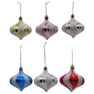 Set of six striped onion-shaped Christmas balls in assorted colors for festive tree decoration