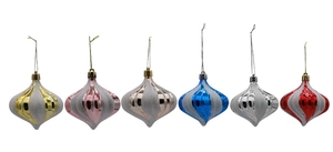 Set of six colorful onion-shaped Christmas ornaments with metallic and matte ribbed finish