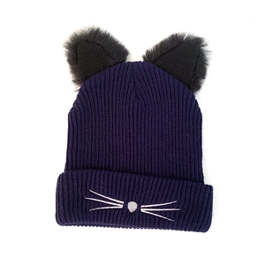 Deep purple knitted beanie with cat ears and white whiskers embroidery for winter