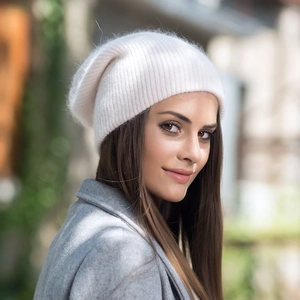 Gorro de punto de angora blanco crema grueso y cálido para hombres y mujeres con borde