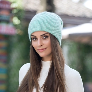 Gorro de punto de lana de angora verde claro grueso para hombre y mujer, gorro de invierno