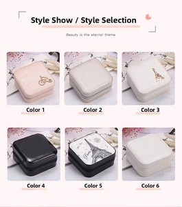 Collage of six portable jewelry boxes in various colors including pink, white, and black