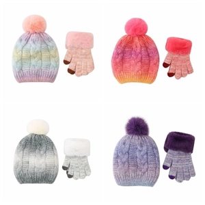 Kids Winter Knit Hat And Gloves Gradient Color Faux Fur Pom Pom Fleece Lined Warm Touch Screen Outdoor Accessories For Girls