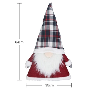 Christmas gnome tree topper with red plaid hat and long white beard, 64cm height