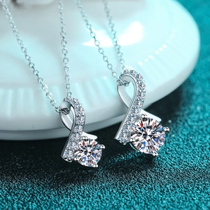 Elegant S925 sterling silver necklace with double arc pendant and round-cut center stone