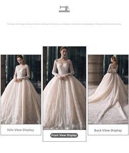 Three-way view of champagne bridal gown with sequins embroidery and long train