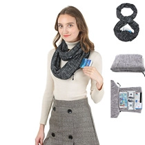 Detail showing hidden zipper pocket functionality of the grey infinity scarf for phone and cash
