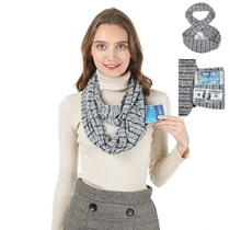 Detail view of gray striped knit scarf with a hidden pocket for phone and cash storage