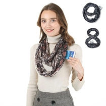 Detail of printed multi-functional scarf showing hidden pocket for phone or card storage