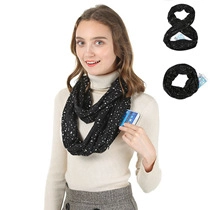 Detail view of black faux cashmere neck gaiter featuring hidden functional zipper pocket