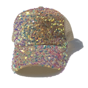 Sparkly sequin baseball cap with beige mesh back and wide brim for sun protection