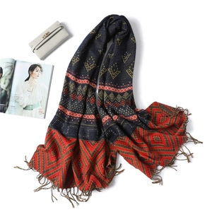 Detailed close-up of geometric pattern scarf with fringe tassels and colorful textures