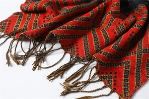 Close-up of geometric knit scarf texture featuring red and blue patterns with dark fringes