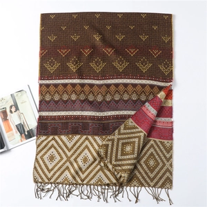 Brown geometric diamond pattern warm pashmina shawl scarf with long decorative tassels