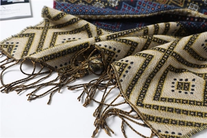 Close-up of the geometric diamond pattern and soft fringed edges on this winter scarf