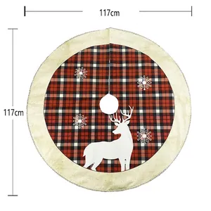 Christmas tree skirt with red plaid design, reindeer silhouettes and snowflakes 117cm