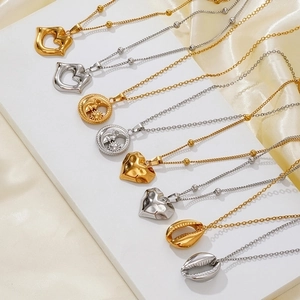 Pendant Necklace 18K Gold Plated Stainless Steel Heart Sun Moon Shell Beaded Chain Minimalist Fashion Jewelry For Women