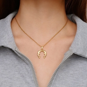 Elegant 18K gold-plated stainless steel necklace with double dolphin horseshoe pendant