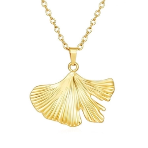 Detailed close-up of 18K gold plated stainless steel ginkgo leaf pendant necklace