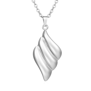 Detailed view of silver-toned flame pendant with streamlined textures on polished steel necklace