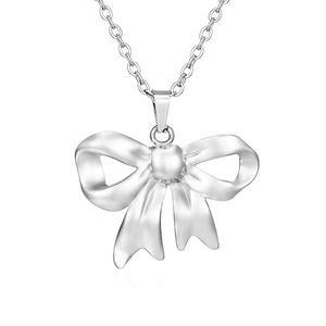 Detailed close-up of a silver bow pendant necklace featuring a refined 3D matte finish