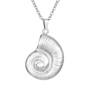 Detailed view of silver nautilus shell pendant with spiral texture on an O-chain link