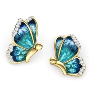 Detailed close-up of gold butterfly stud earrings with blue-green enamel and white zircons