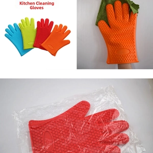 Detailed view of heat resistant silicone gloves showing non-slip texture and hanging holes