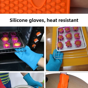 Detail view of heart-textured silicone oven gloves in blue and orange for baking safety