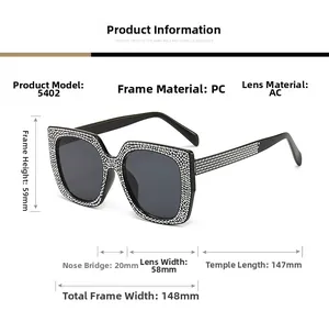 Detailed size specifications for square cat eye sunglasses with rhinestones model 5402